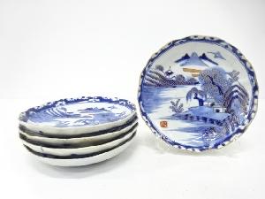 古伊万里　染付　山水　七寸皿　5客揃